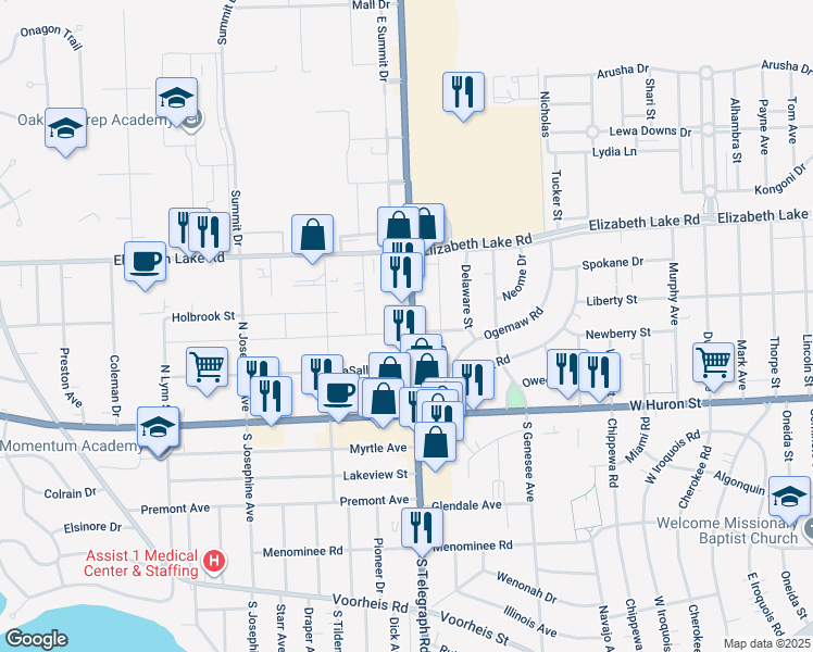 map of restaurants, bars, coffee shops, grocery stores, and more near 915 Boston Avenue in Waterford Township