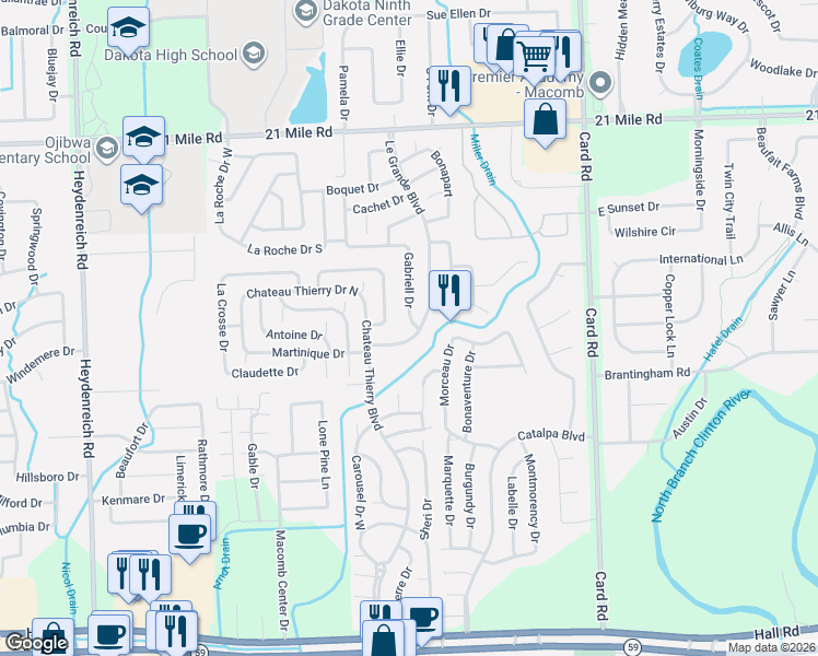 map of restaurants, bars, coffee shops, grocery stores, and more near 46201-46301 Le Grande Blvd in Macomb