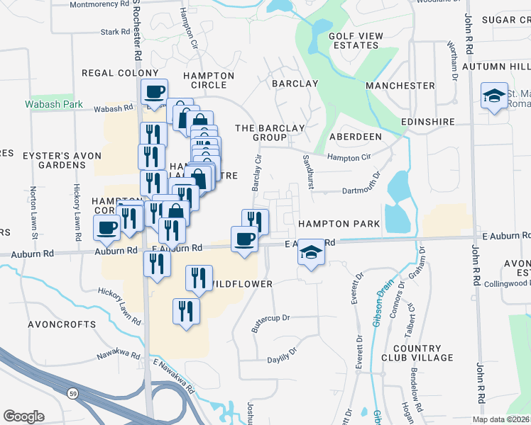 map of restaurants, bars, coffee shops, grocery stores, and more near 2658 Helmsdale Circle in Rochester Hills