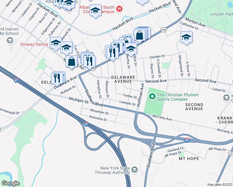 map of restaurants, bars, coffee shops, grocery stores, and more near Twiller Street & Alden Avenue in Albany