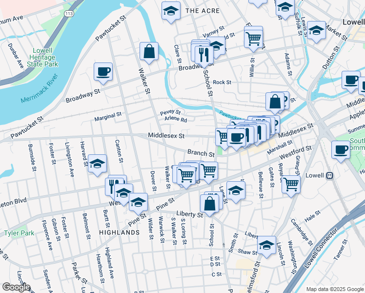 map of restaurants, bars, coffee shops, grocery stores, and more near 190 Branch Street in Lowell