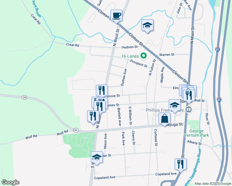 map of restaurants, bars, coffee shops, grocery stores, and more near 25 Grove Street in Homer