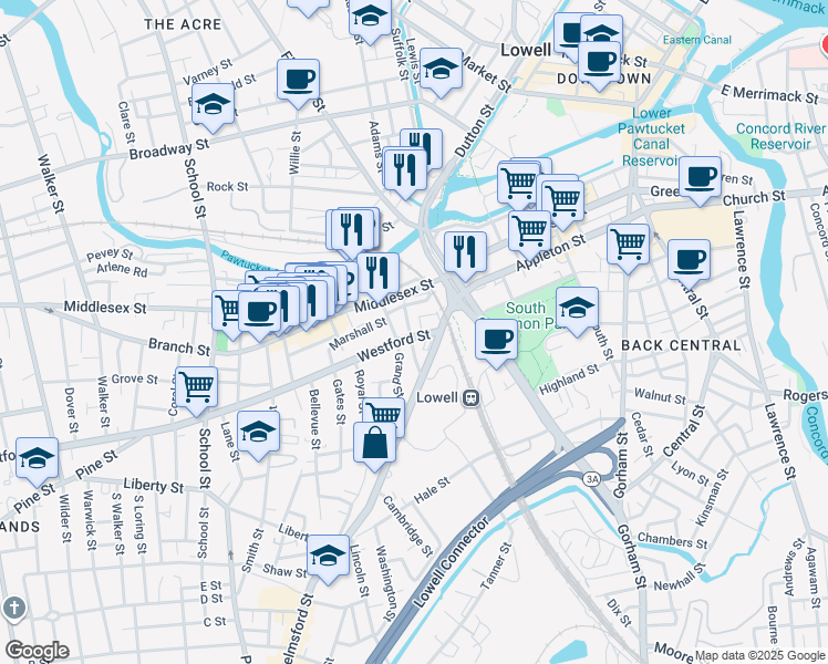 map of restaurants, bars, coffee shops, grocery stores, and more near 54 Grand Street in Lowell