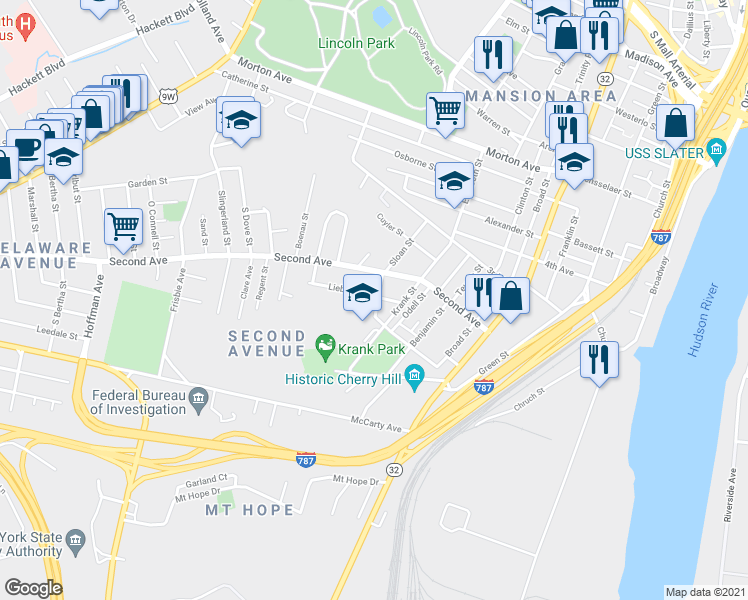 map of restaurants, bars, coffee shops, grocery stores, and more near 2 Liebel Street in Albany