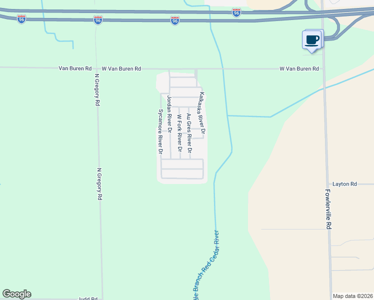 map of restaurants, bars, coffee shops, grocery stores, and more near 268 Au Gres River Drive in Fowlerville