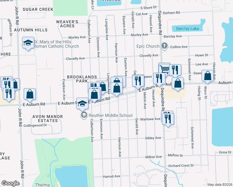 map of restaurants, bars, coffee shops, grocery stores, and more near 1672 East Auburn Road in Rochester Hills