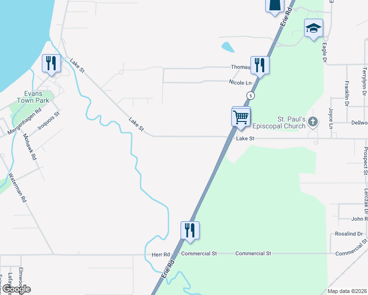 map of restaurants, bars, coffee shops, grocery stores, and more near 789 Lake Street in Angola