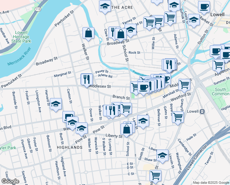 map of restaurants, bars, coffee shops, grocery stores, and more near 151 Branch Street in Lowell