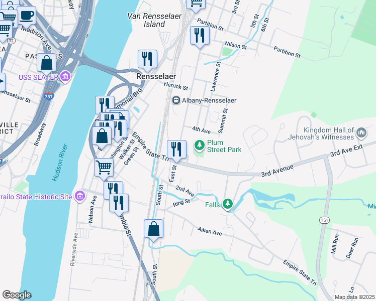 map of restaurants, bars, coffee shops, grocery stores, and more near 21 Plum Street in Rensselaer