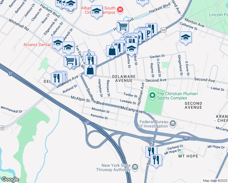 map of restaurants, bars, coffee shops, grocery stores, and more near 62 Twiller Street in Albany