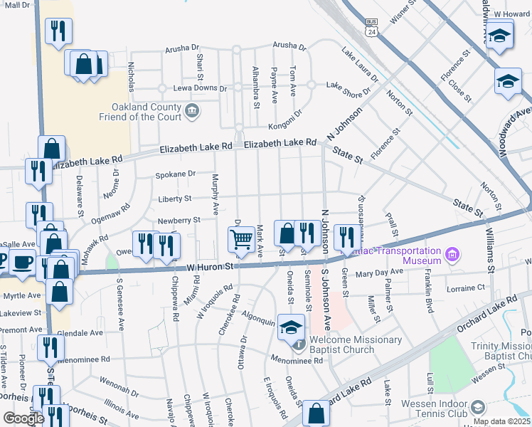 map of restaurants, bars, coffee shops, grocery stores, and more near 65 Mark Avenue in Pontiac