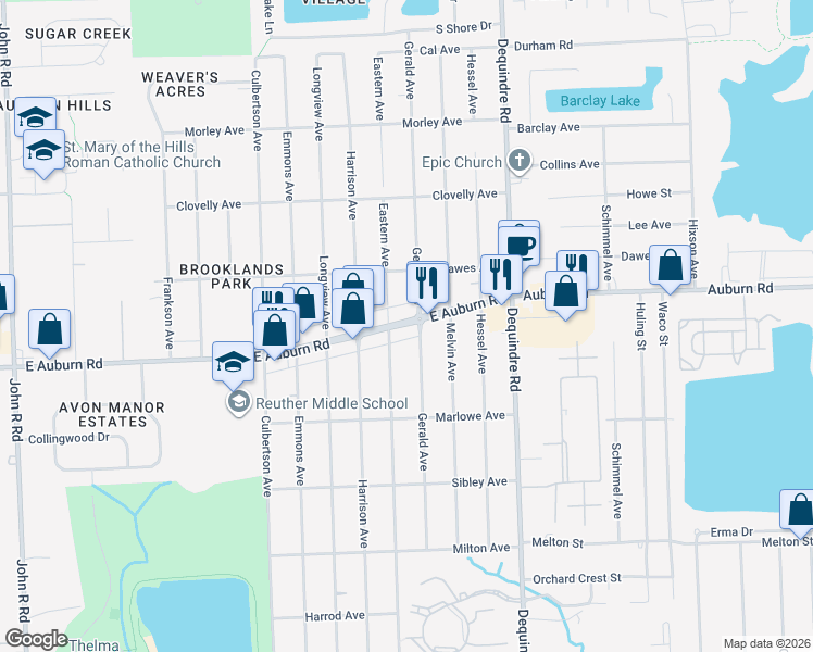 map of restaurants, bars, coffee shops, grocery stores, and more near 2960 Eastern Avenue in Rochester Hills