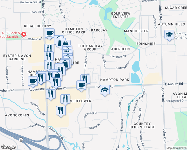 map of restaurants, bars, coffee shops, grocery stores, and more near 2658 Helmsdale Circle in Rochester Hills