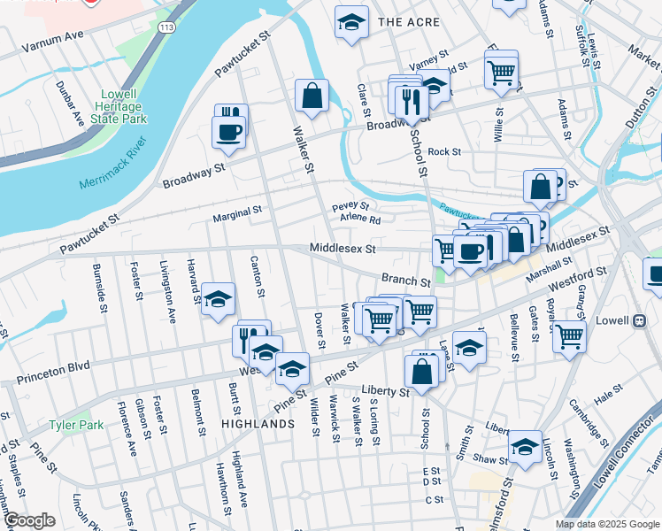 map of restaurants, bars, coffee shops, grocery stores, and more near 24 Branch Street in Lowell