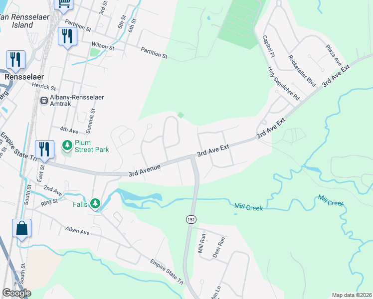 map of restaurants, bars, coffee shops, grocery stores, and more near 261 3rd Avenue Extension in Rensselaer County