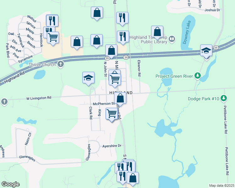 map of restaurants, bars, coffee shops, grocery stores, and more near in Highland Charter Township