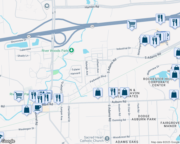 map of restaurants, bars, coffee shops, grocery stores, and more near 164 Amys Walk in Auburn Hills