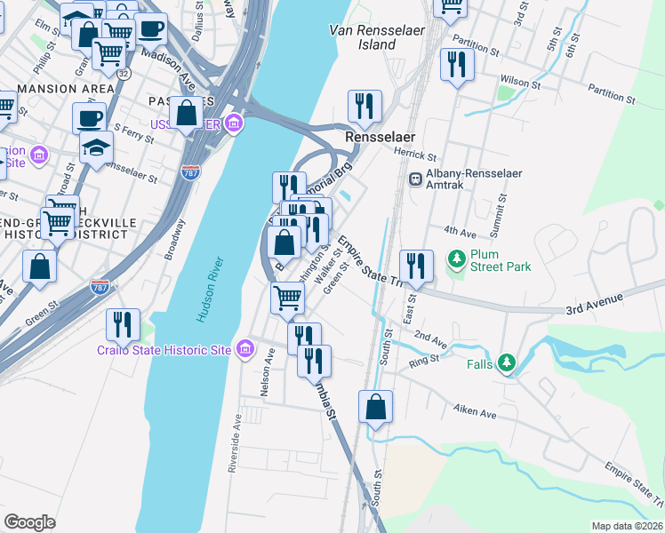 map of restaurants, bars, coffee shops, grocery stores, and more near 43 2nd Avenue in Rensselaer