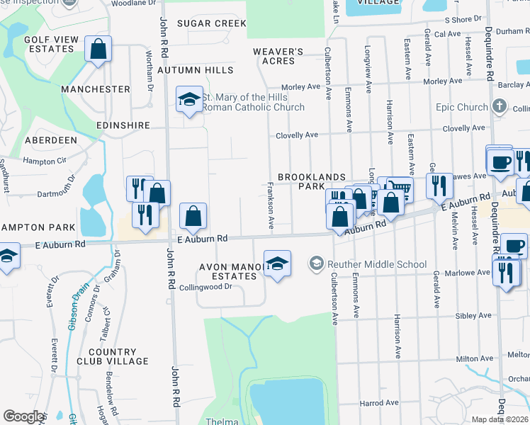 map of restaurants, bars, coffee shops, grocery stores, and more near 2924 Frankson Avenue in Rochester Hills
