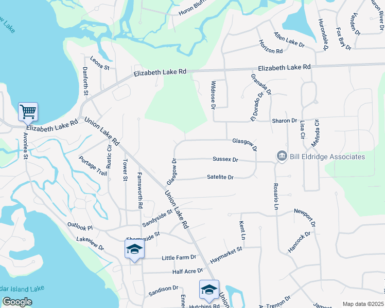 map of restaurants, bars, coffee shops, grocery stores, and more near 9101 Sussex Drive in White Lake charter Township