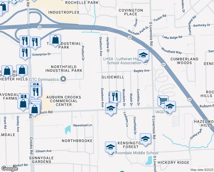 map of restaurants, bars, coffee shops, grocery stores, and more near 2901 Hartline Drive in Rochester Hills
