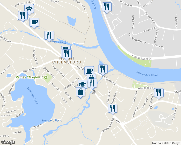 map of restaurants, bars, coffee shops, grocery stores, and more near 1 Gay Street in Chelmsford