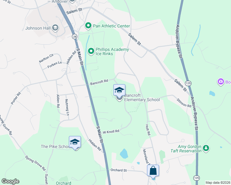 map of restaurants, bars, coffee shops, grocery stores, and more near 280 South Main Street in Andover