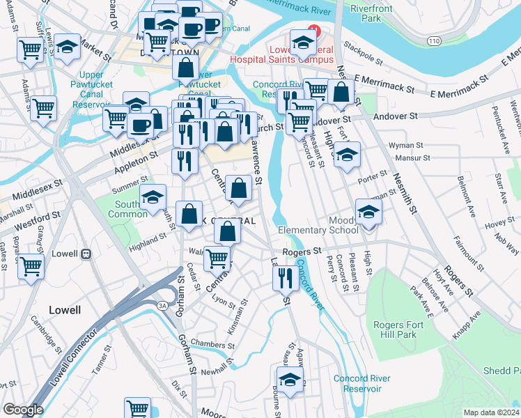 map of restaurants, bars, coffee shops, grocery stores, and more near in Lowell