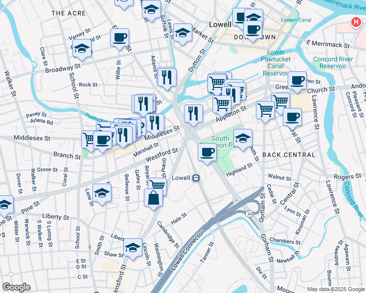 map of restaurants, bars, coffee shops, grocery stores, and more near 110 Westford Street in Lowell
