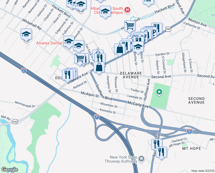map of restaurants, bars, coffee shops, grocery stores, and more near 75 Southern Boulevard in Albany