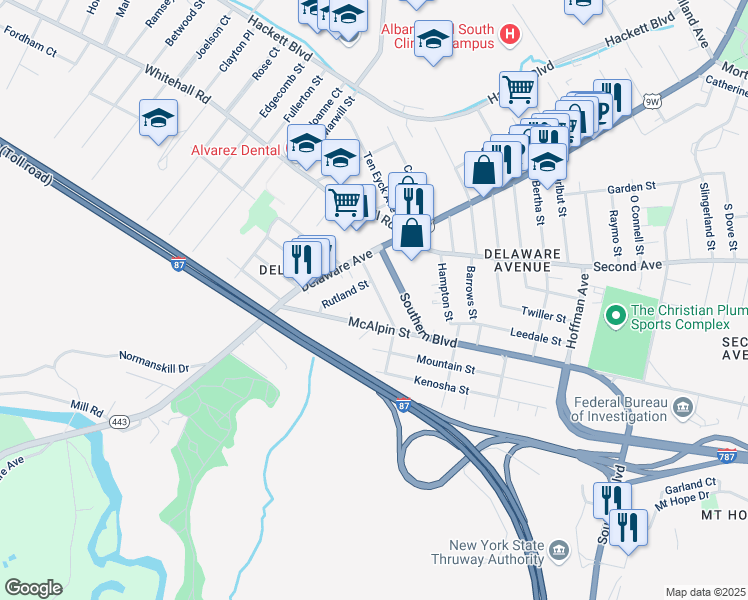 map of restaurants, bars, coffee shops, grocery stores, and more near 65 McAlpin Street in Albany