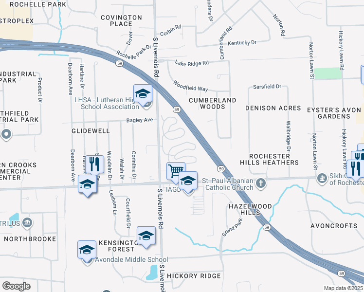 map of restaurants, bars, coffee shops, grocery stores, and more near 2800 Overlook Drive in Rochester
