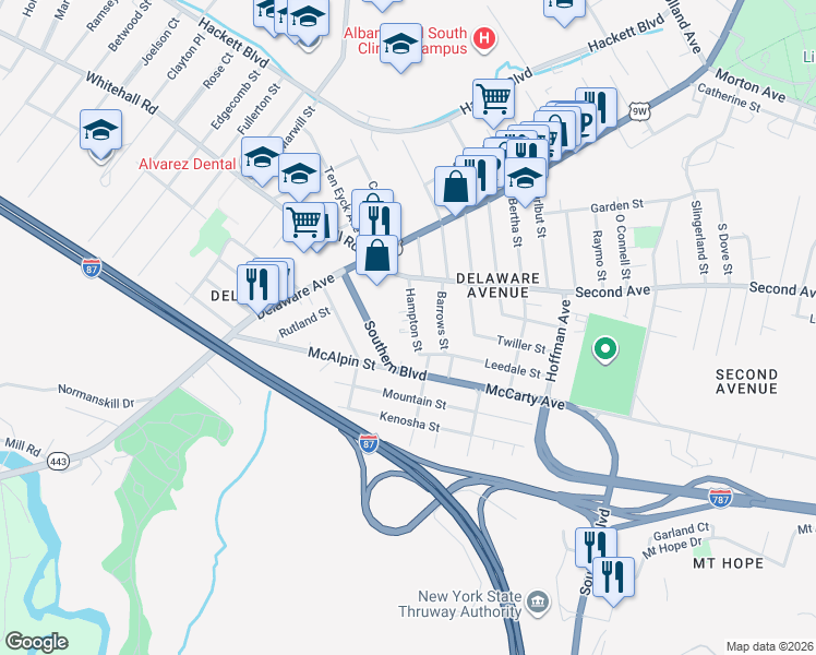 map of restaurants, bars, coffee shops, grocery stores, and more near 75 Southern Boulevard in Albany