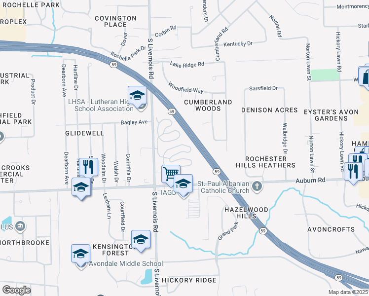 map of restaurants, bars, coffee shops, grocery stores, and more near 2870 Lower Ridge Drive in Rochester Hills