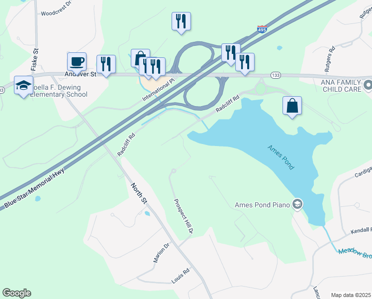 map of restaurants, bars, coffee shops, grocery stores, and more near 2 Ames Hill Drive in Tewksbury