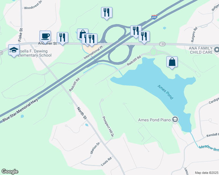 map of restaurants, bars, coffee shops, grocery stores, and more near 4 Ames Hill Drive in Tewksbury