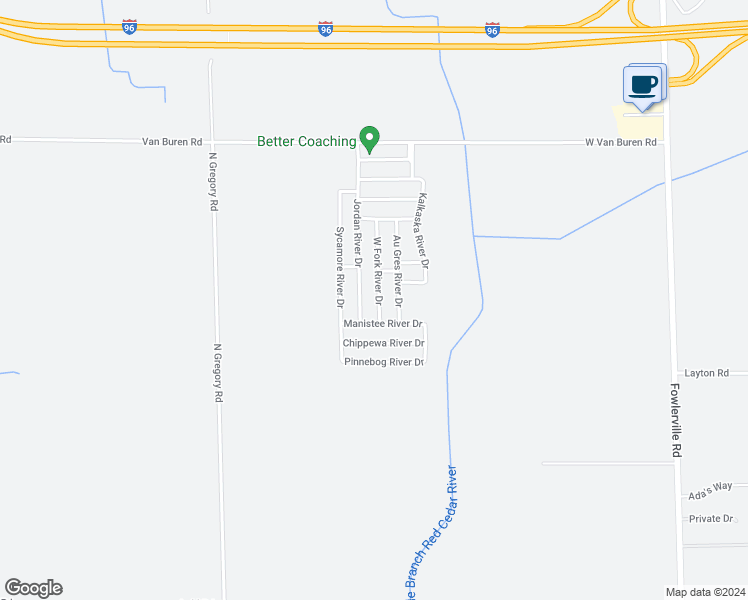 map of restaurants, bars, coffee shops, grocery stores, and more near 2771 West Fork River Drive in Fowlerville