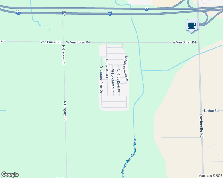 map of restaurants, bars, coffee shops, grocery stores, and more near 2747 West Fork River Drive in Fowlerville