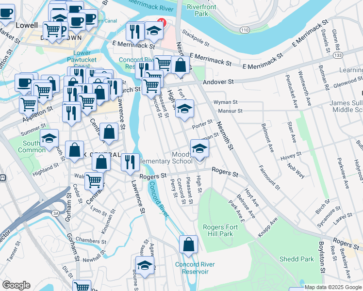 map of restaurants, bars, coffee shops, grocery stores, and more near 165 Pleasant Street in Lowell