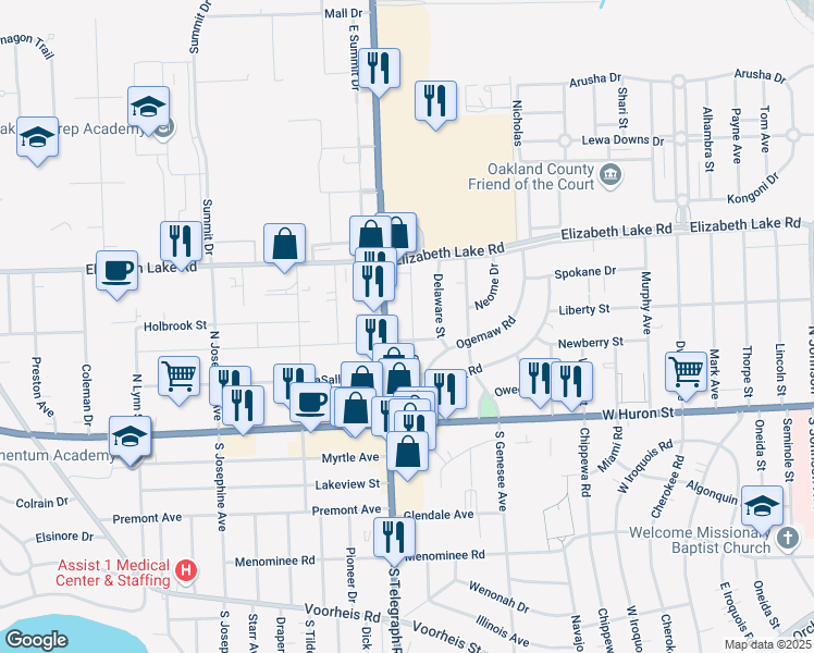 map of restaurants, bars, coffee shops, grocery stores, and more near 101 Osceola Drive in Pontiac