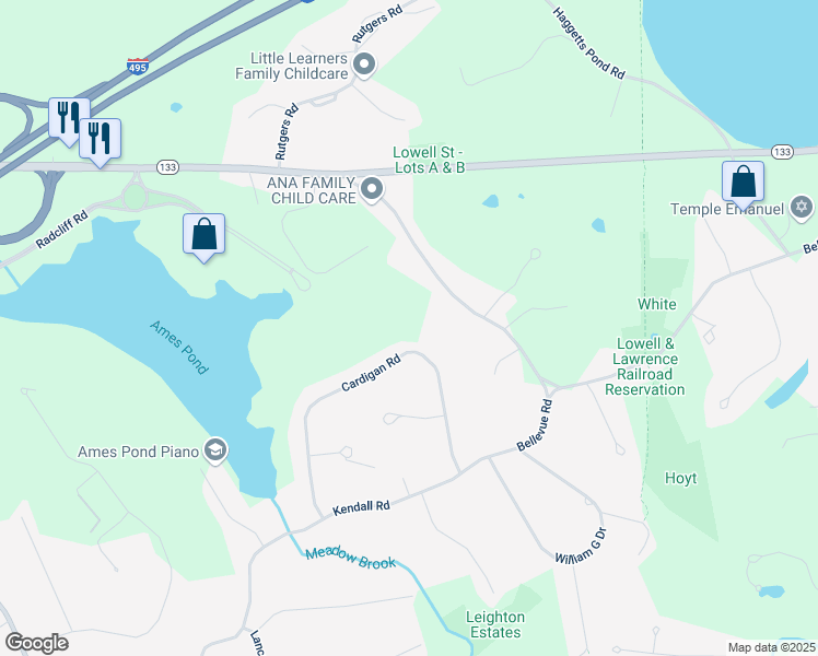 map of restaurants, bars, coffee shops, grocery stores, and more near 160 Cardigan Road in Andover