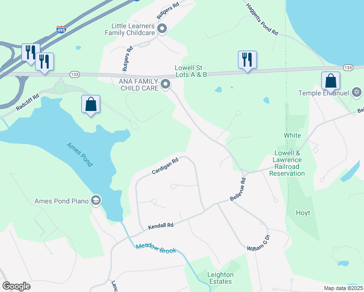 map of restaurants, bars, coffee shops, grocery stores, and more near 160 Cardigan Road in Andover