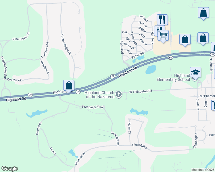 map of restaurants, bars, coffee shops, grocery stores, and more near 1403 Highland Road in Highland Charter Township
