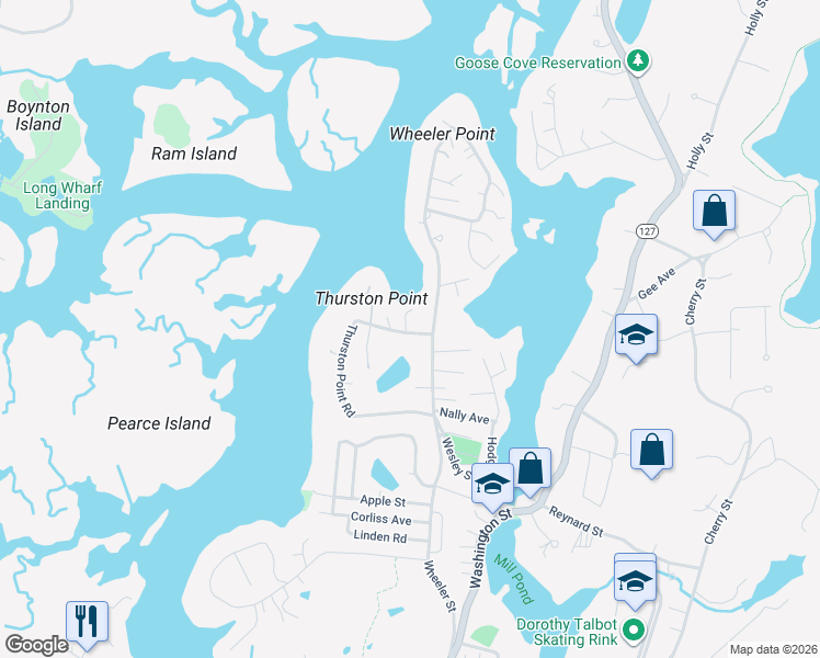 map of restaurants, bars, coffee shops, grocery stores, and more near 55 Thurston Point Road in Gloucester