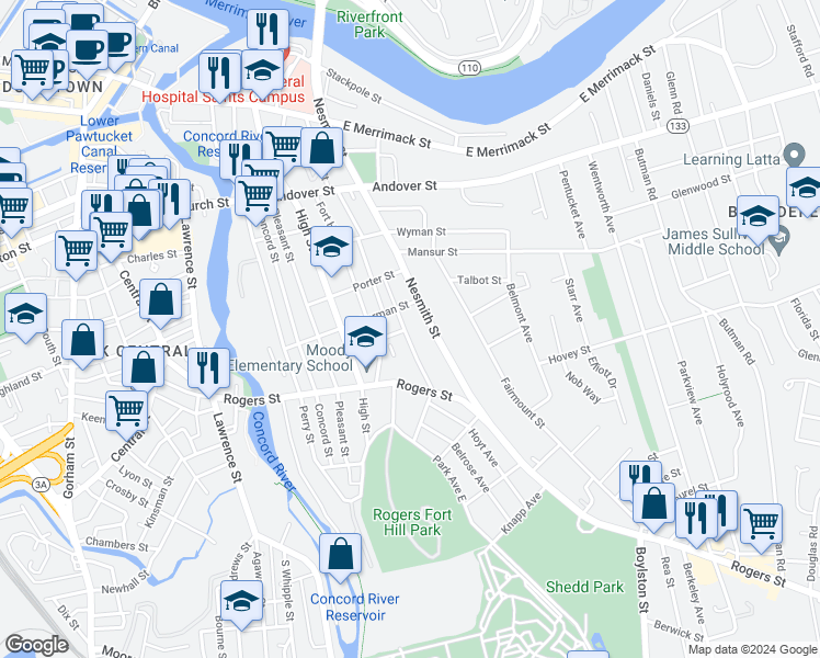 map of restaurants, bars, coffee shops, grocery stores, and more near 263 Nesmith Street in Lowell