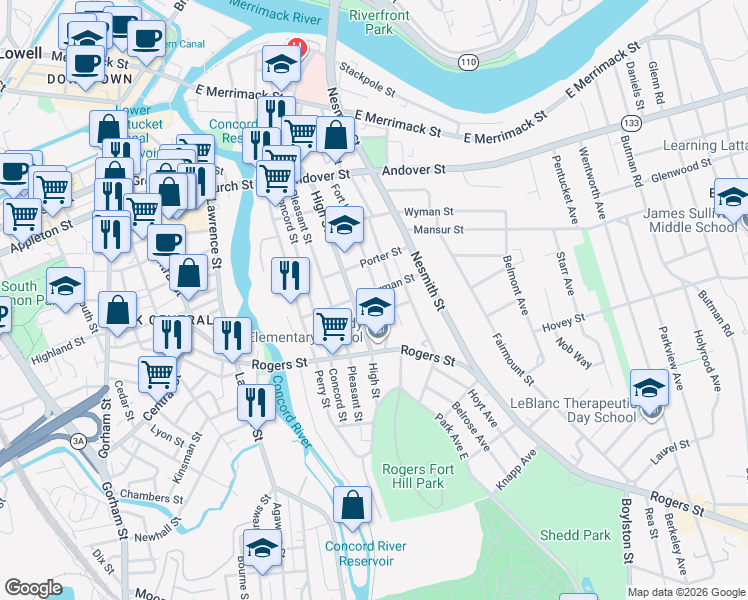 map of restaurants, bars, coffee shops, grocery stores, and more near 434 High Street in Lowell