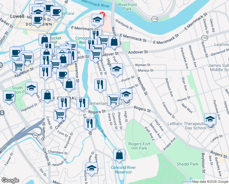 map of restaurants, bars, coffee shops, grocery stores, and more near 165 Pleasant Street in Lowell