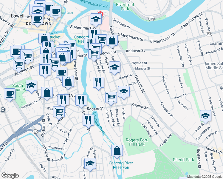 map of restaurants, bars, coffee shops, grocery stores, and more near 165 Pleasant Street in Lowell