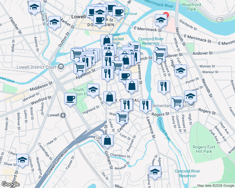 map of restaurants, bars, coffee shops, grocery stores, and more near 57 Elm Street in Lowell