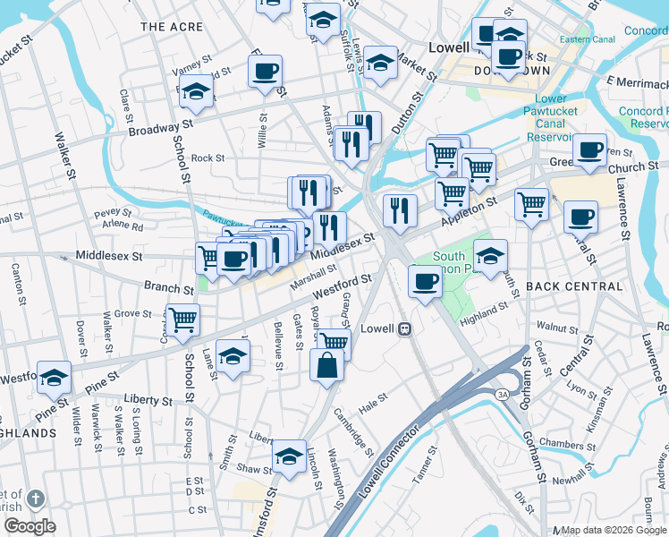 map of restaurants, bars, coffee shops, grocery stores, and more near 54 Grand Street in Lowell